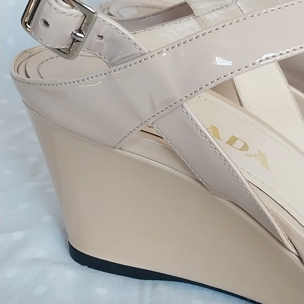 Prada Nude Patent Leather Ankle Slingback Wedge Sandals - Picture 12 of 12